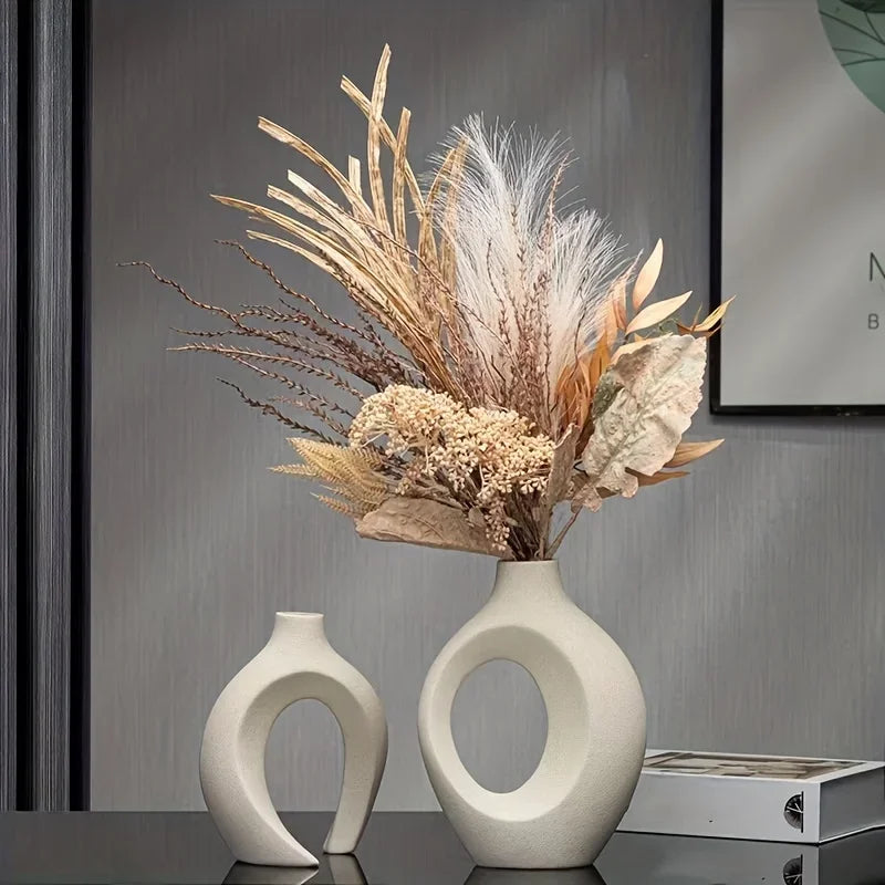 Hollow Nordic Modern Vase Set of 2 for Modern Home Decor,Plastic Imitation Ceramic Hollow Flower Vases for Living Room