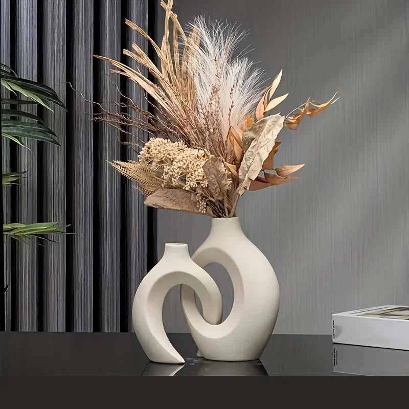 Hollow Nordic Modern Vase Set of 2 for Modern Home Decor,Plastic Imitation Ceramic Hollow Flower Vases for Living Room
